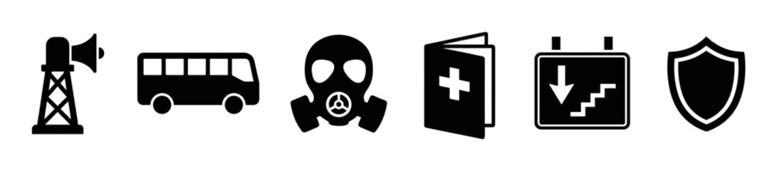 Obraz premium Various black silhouette icons representing safety, emergency, and public service concepts are arranged in a clear row.