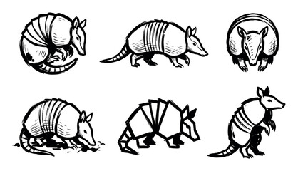 Collection of hand-drawn armadillo illustrations showcases the distinctive armored animal in different poses and artistic interpretations.