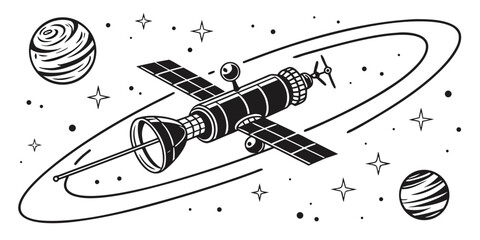a space station in orbit around a planet with moons Vector © boi