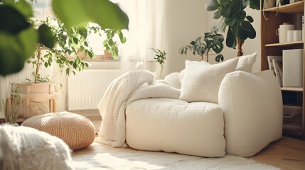 Fototapeta premium Cream sofa with knitted throw and plants in sunlit room