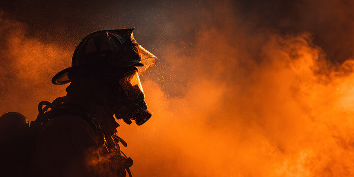 Bravery and rescue concept featuring a firefighter silhouette in orange and black tones with smoke texture and copy space on the dark side.