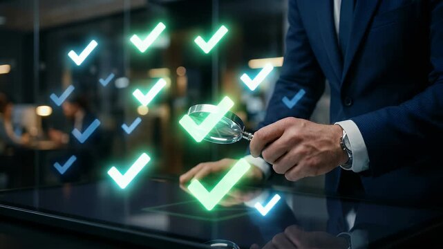 A professional in a suit examines digital checkmarks on a touchscreen with a magnifying glass, as the camera slowly pans across a modern office, creating a cinematic atmosphere of quality assurance an