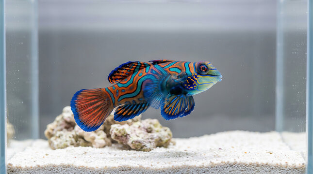 Vibrant Mandarin Fish with Intricate Patterns in a Clear Marine Aquarium