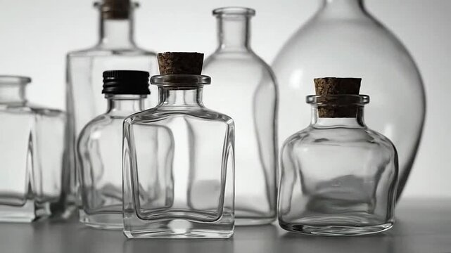 Assortment of empty glass containers with stoppers on a plain surface