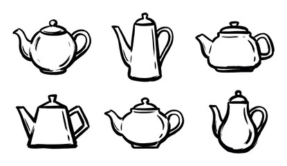 Collection of six hand-drawn teapots in various styles, illustrating different designs for hot beverage serving.
