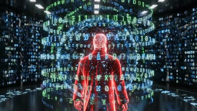 Security expert amidst streaming digital numbers and visuals. Information security professional surrounded by cascading binary streams and holographic visualization environment