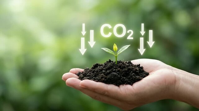 Capture a close-up of a hand gently holding soil with a vibrant seedling, while CO2 icons drift downwards, complemented by a slow, smooth pan to evoke a cinematic atmosphere of environmental sustainab