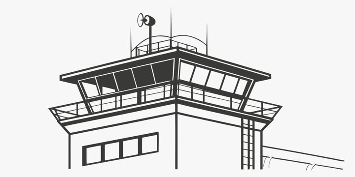 a black and white drawing of a control tower Vector