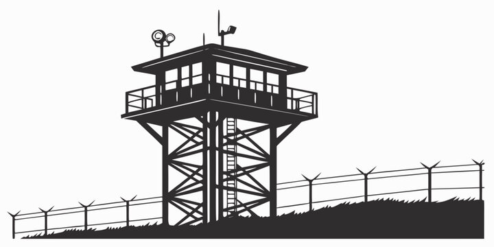 a tall watchtower with a fence and a railing Vector