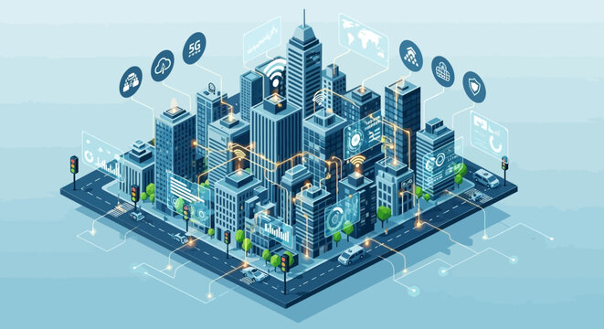 Isometric cityscape vector illustration with technology and infrastructure elements