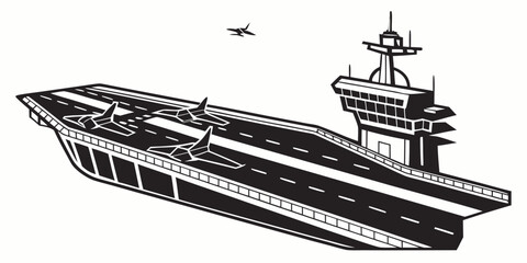 a large aircraft carrier with a small plane flying overhead Vector © Jannati