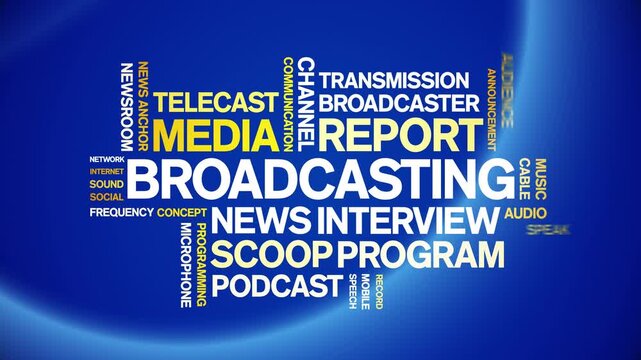 Broadcasting animated word cloud-text design animation tag kinetic typography seamless loop.