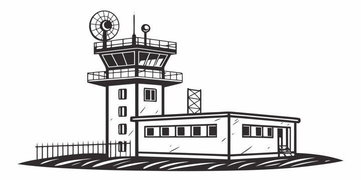 a black and white drawing of a control tower Vector