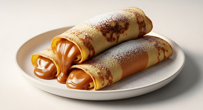 Rolled Argentinian panqueques filled with dulce de leche and dusted with powdered sugar isolated on white