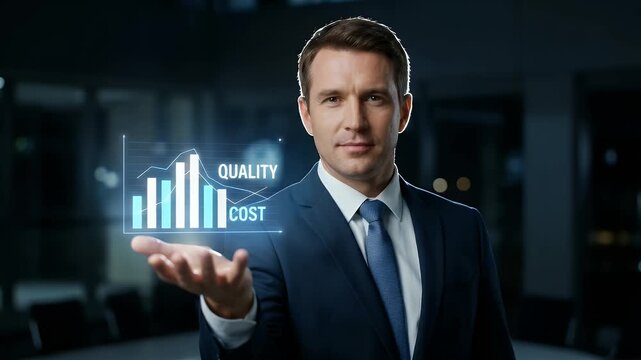 Capture a professional man in a suit presenting a holographic graph of quality versus cost, with a slow camera pan and gentle ambient lighting, in a cinematic, corporate setting.