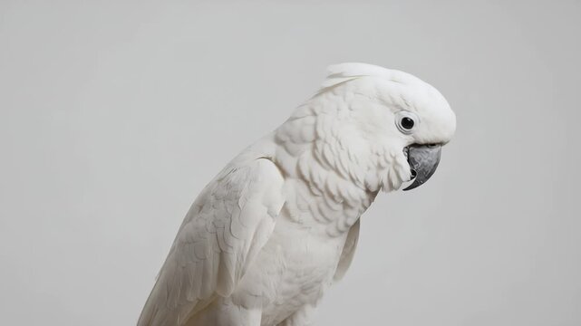 Capture an elegant white parrot in a serene, minimalistic setting with a slow pan, highlighting its graceful movements and vibrant feathers in a cinematic style, perfect for wildlife enthusiasts.