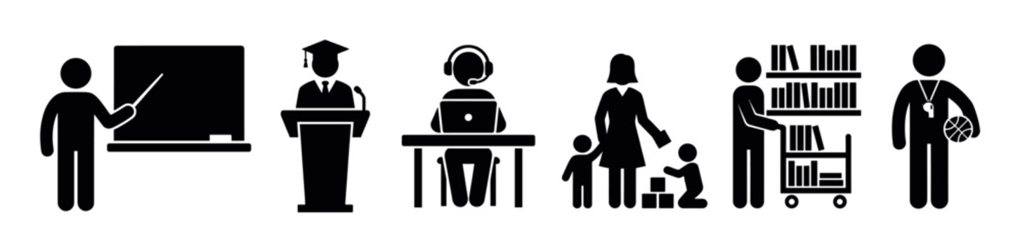 Various stick figures depict different educational and learning roles, including a teacher, graduate, online student, parent, librarian, and coach.