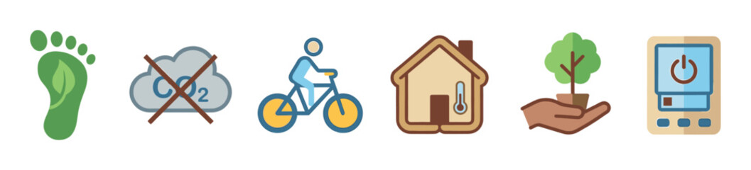 Set of flat design icons representing environmental sustainability, eco-friendliness, and energy efficiency concepts including carbon footprint, cycling, green living, and renewable energy.