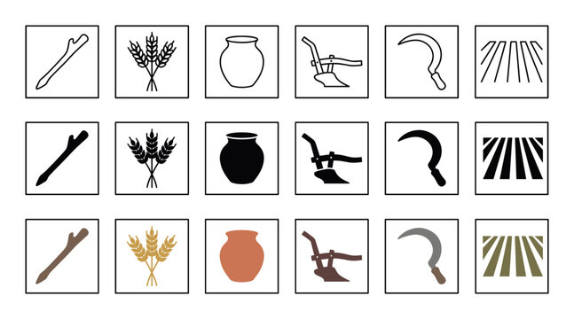 Grid of agricultural icons displays farming tools and produce in three different visual styles.