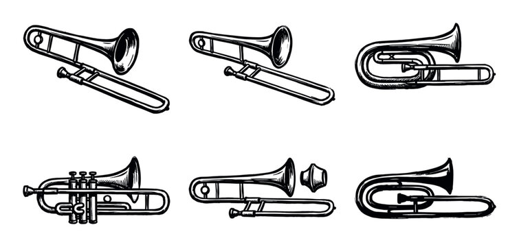 Collection of six hand-drawn brass instrument illustrations featuring trombones and a euphonium in a classic sketch style.