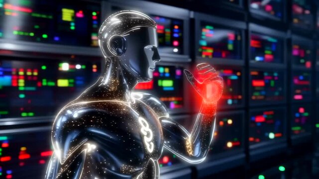 Chrome ai technician scanning server racks with holographic heart core, illuminated backend panels and colored status lights reflect across polished metallic skin during diagnostics