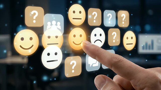 Create a cinematic visualization of a hand selecting a glowing smiley face among feedback icons, with gentle ambient motion and a slow zoom-in to emphasize user engagement and emotional expression in 