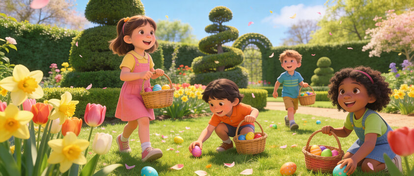 Joyful diverse children hunting for colorful Easter eggs in a lush spring garden with blooming tulips and daffodils, 3D animation style illustration of a happy family holiday celebration.