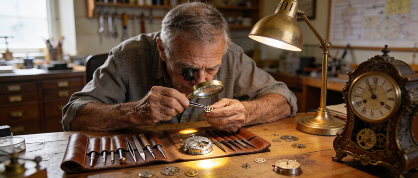 Master Watchmaker Repairing Vintage Mechanical Timepiece in Traditional Workshop with Precision Tools and Magnifying Glass, Showcasing Horology Craftsmanship, Expertise, and Meticulous Detail.