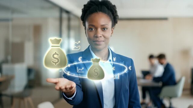 Empower your business vision with a confident professional showcasing future goals, as the camera smoothly tracks her gesture, creating a dynamic, cinematic atmosphere of innovation and ambition.