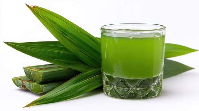Stunning photo of pandan leaves and pandan juice in a glass, isolated on white background.