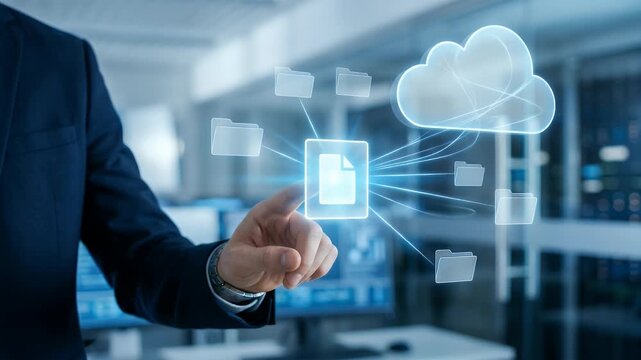 Experience seamless data transfer in a modern office setting, featuring a business professional interacting with virtual file icons, complemented by a smooth camera pan and a sleek, cinematic style.