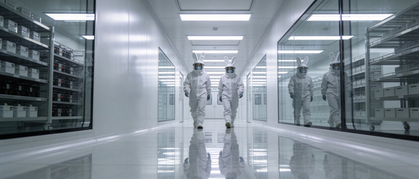 Photorealistic wide shot of two researchers in white protective hazmat suits with bunny ears walking down a sterile laboratory cleanroom corridor with glass walls and bright overhead lighting.