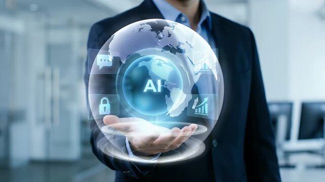Explore AI innovation in a corporate setting with a steady tracking shot showcasing a businessman presenting a holographic globe while gentle ambient motions highlight digital elements, creating a fut