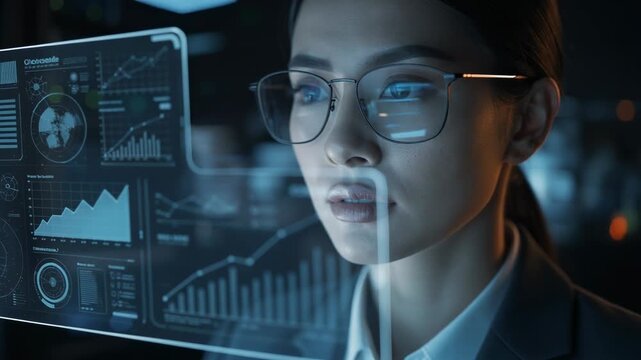 Focused woman with glasses analyzing futuristic transparent data charts and graphs in modern office