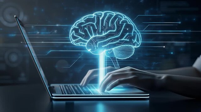 Digital brain glowing above laptop keyboard with hands typing symbolizing artificial intelligence technology innovation