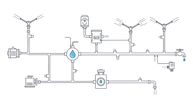 Schematic diagram illustrating a residential irrigation system with components labeled