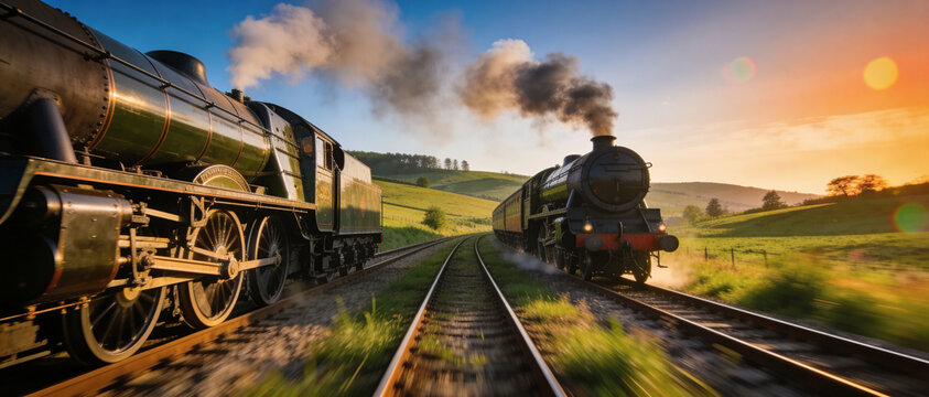 Cinematic ultrawide photo of two vintage steam locomotives traveling on parallel tracks through lush green hills at sunset, billowing thick smoke into a golden sky, nostalgic railway travel.