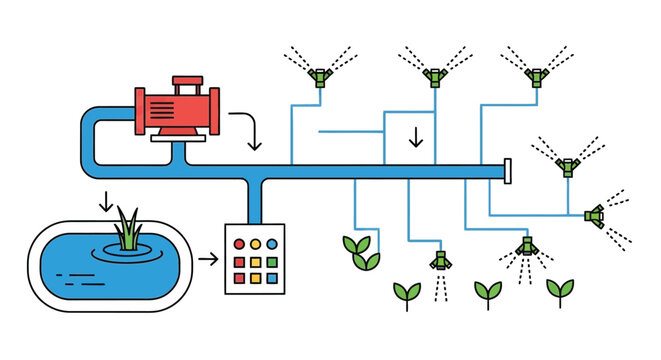 Automated irrigation system diagram showing water source pump pipes and sprinklers