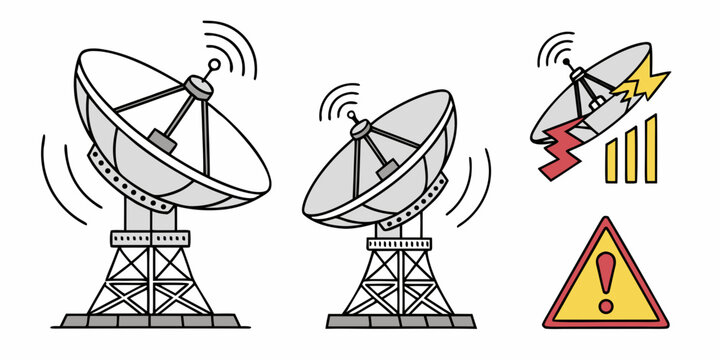 satellite dishes with one malfunctioning and warning sign Vector