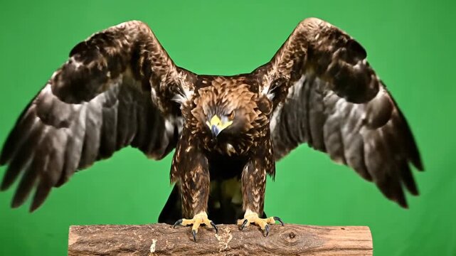 Majestic golden eagle with wings fully spread, perched on a wooden log against a vibrant green screen background, looking directly at the camera.