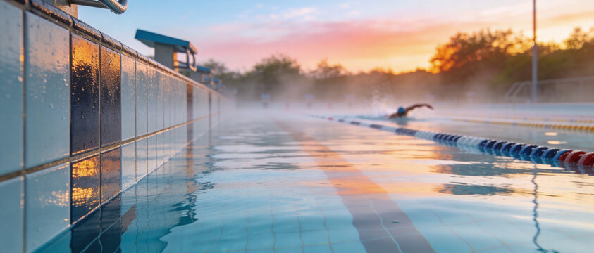 Professional Swimmer Training in an Outdoor Lap Pool at Dawn with Steam Rising from the Water, Vibrant Sunrise Sky, Lane Dividers, and Detailed Wet Blue Tiles in the Foreground, Wide Angle View.