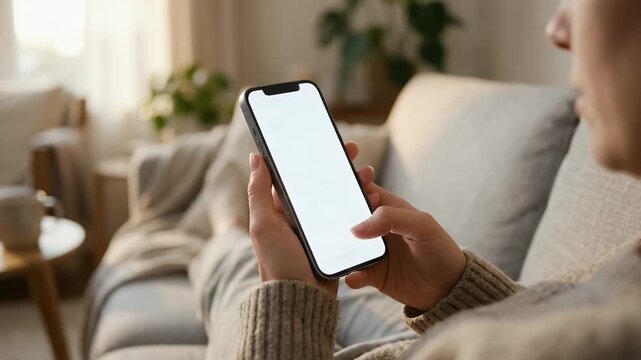 Relaxing indoor scene featuring a person gently scrolling on a smartphone, with soft ambient light filtering through a window, complemented by a slow pan, in a cozy, documentary style.