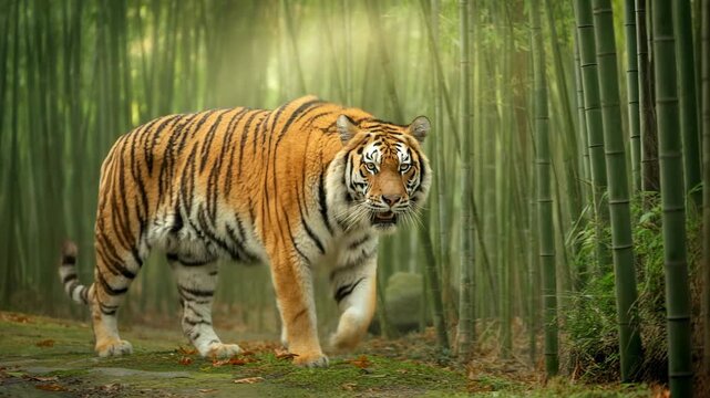 Majestic tiger roaming through a peaceful bamboo forest with sunlight filtering through trees