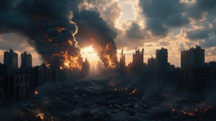 Fototapeta premium desolate ruined city skyline with towering smoke plumes, scattered fires and rubble-strewn streets under dramatic clouds and a grim sunbreak conveying apocalyptic devastation