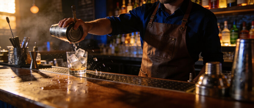 Professional bartender in a leather apron pouring a chilled cocktail from a metal shaker into a glass filled with ice cubes on a wooden bar counter in a dimly lit, atmospheric speakeasy lounge.
