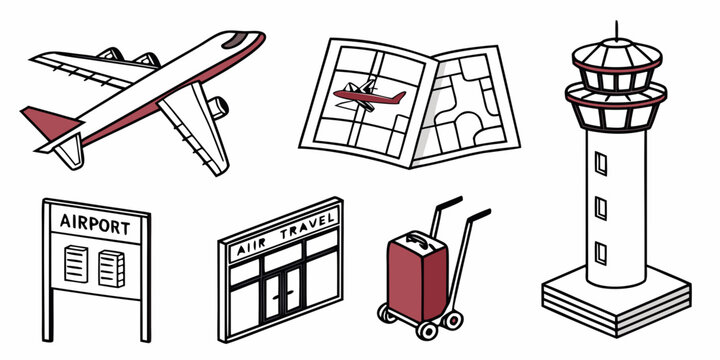 airport icons including plane and control tower Vector
