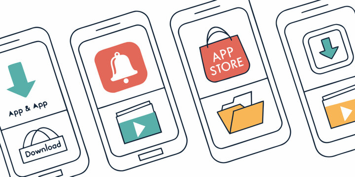 four smartphones with app icons on their screens Vector