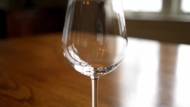 Empty wineglass on a wooden table with natural light reflection