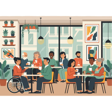 Illustration of a diverse group of people socializing in a cafe