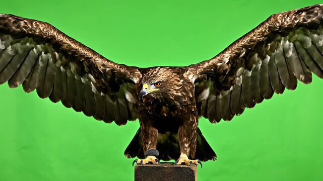 A majestic golden eagle with its impressive wings fully spread, perched on a dark block against a vibrant green screen background.